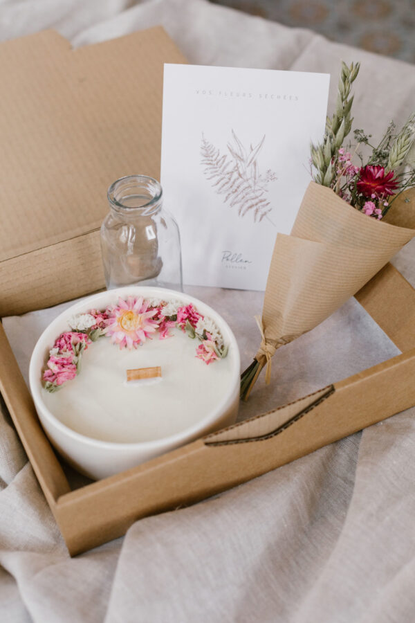 Coffret - Bougie fleurie "Frangipanier & jasmin" & soliflore
